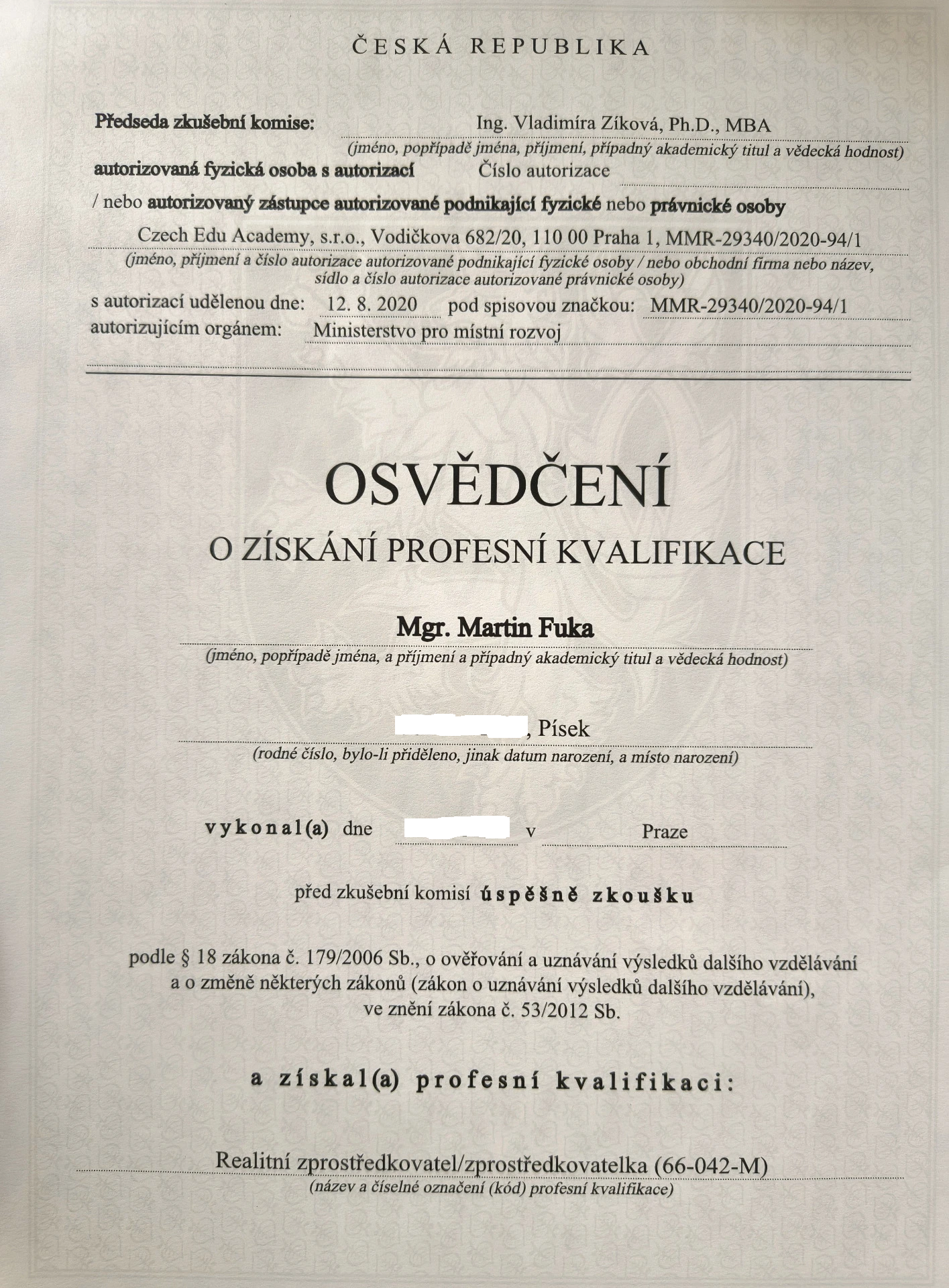 Certifikát „Osvědčení o získání profesní kvalifikace“ s jménem Mgr. Martin Fuka.